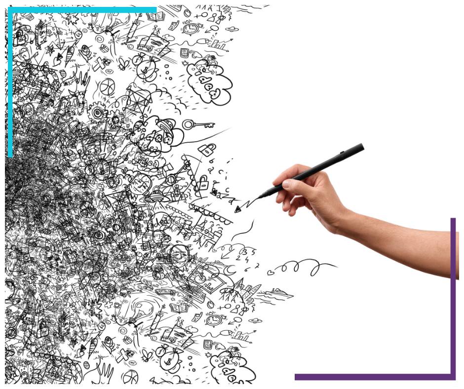 A bunch of hand drawn creative doodles are in the left side of the photo. To the right is a hand, holding a black pen, as if they just drew everything.